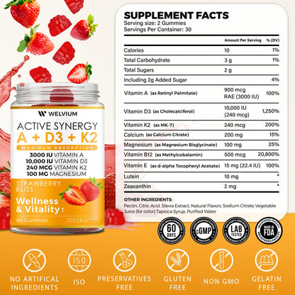 WELVIUM Vitamin D3 K2 Gummies 10000 IU with Magnesium Glycinate, Calcium, B12, K2 MK-7, Vitamins A, E, Lutein, Zeaxanthin - ADK Chewable Supplement for Bone, Eye, Immune Support - D3K2 Gummies WELVIUMBuy Supplements Australia