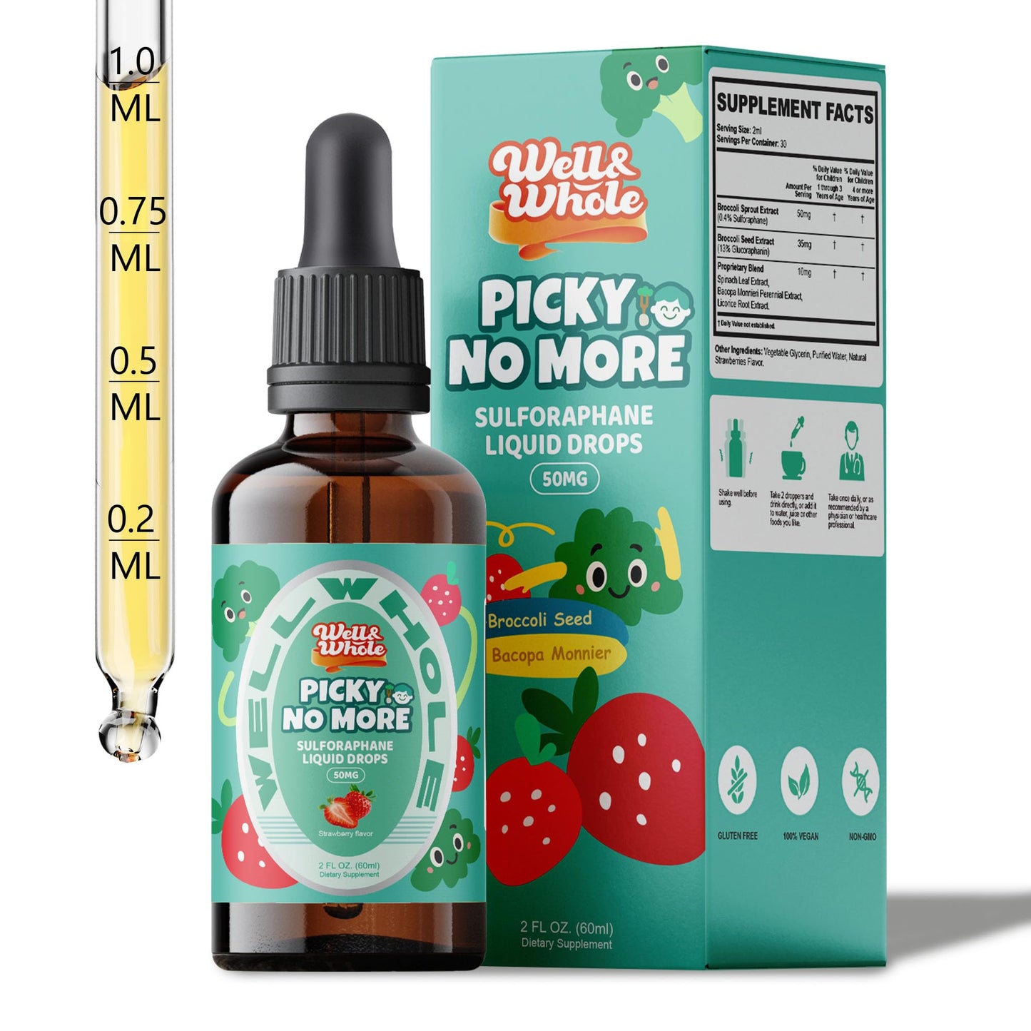 Well&Whole Sulforaphane Kids Liquid Supplement – Pick No More Broccoli Sprout Extract Drops, Hidden Greens for Picky Eaters, Daily Nutrition Support, Sugar-Free, Vegan, 60mL Well&WholeBuy Supplements Australia