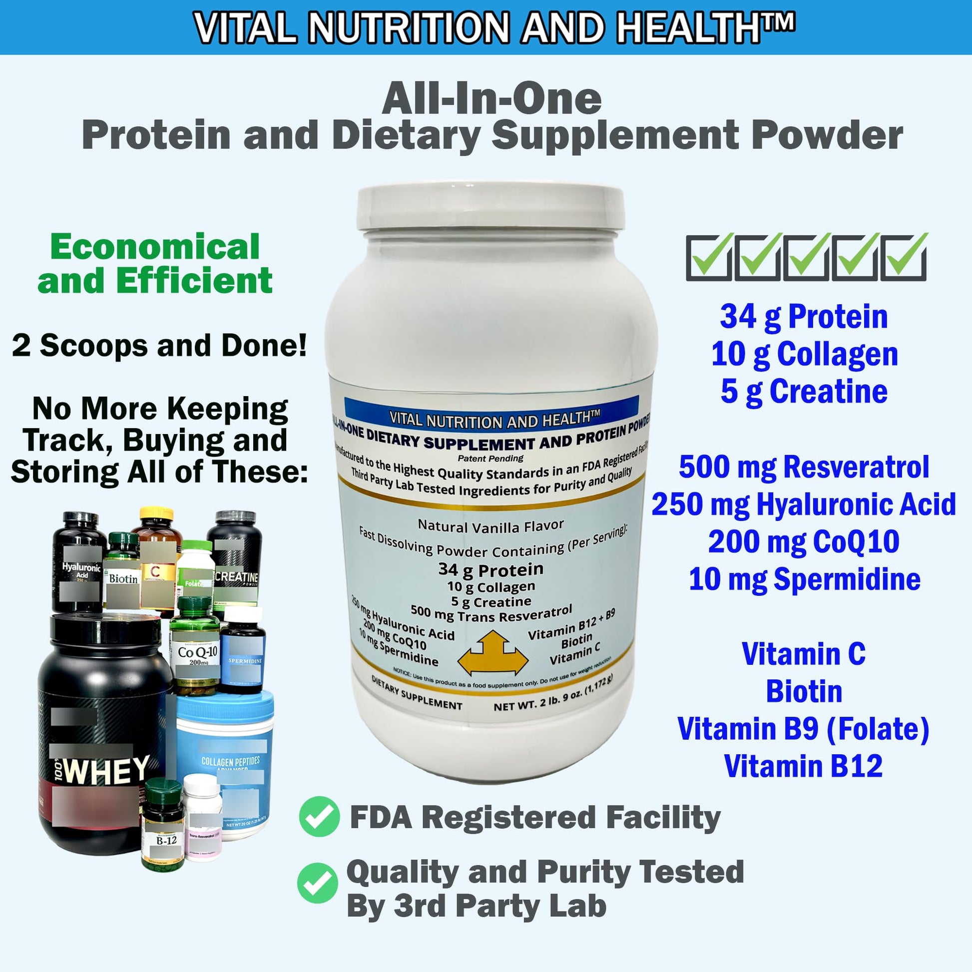 Vital Nutrition and Health All-in-One Powder: Protein, Collagen, Creatine, Resveratrol, Spermidine, Hyaluronic Acid, CoQ10 + Key Vitamins Vital Nutrition and HealthBuy Supplements Australia