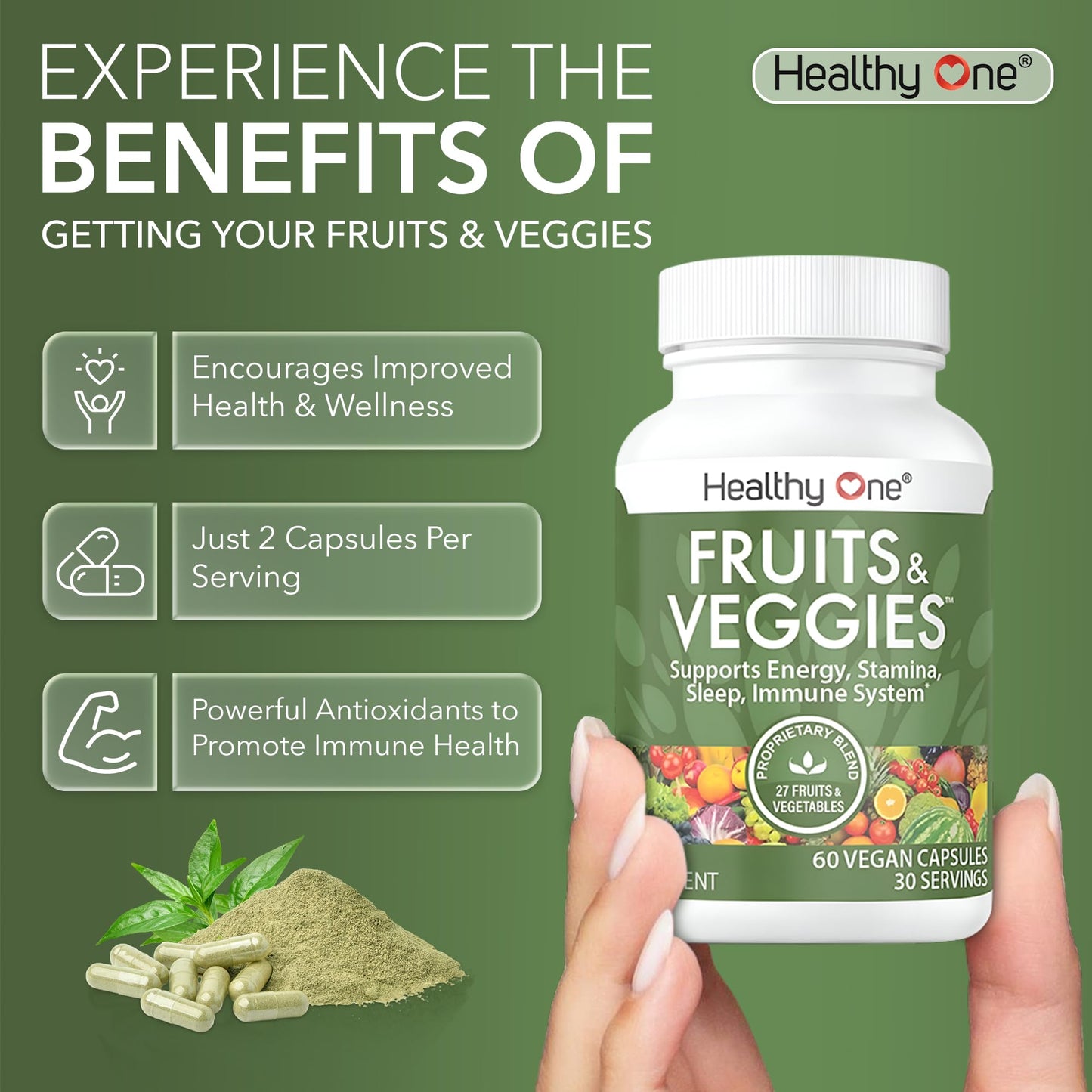 Fruits & Veggies Formula - 27 Premium Whole Foods - Organic Ingredients - Equals 3 Servings of Fruits & Vegetables - Improve Energy, Focus & Immune Function - Fiber - Antioxidants - 120ct (60 Serv) Healthy OneBuy Supplements Australia