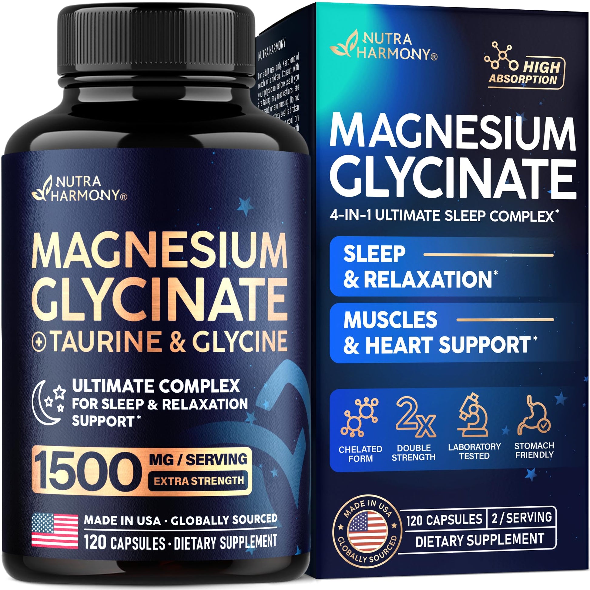 Magnesium Glycinate - Sleep & Relaxation Support - Extra Strength Glycinate, Glycine & Taurine 1500 mg - Magnesium Supplement for Women & Men - Chelated & High Absorption - Made in USA - 120 Capsules NUTRAHARMONYBuy Supplements Australia