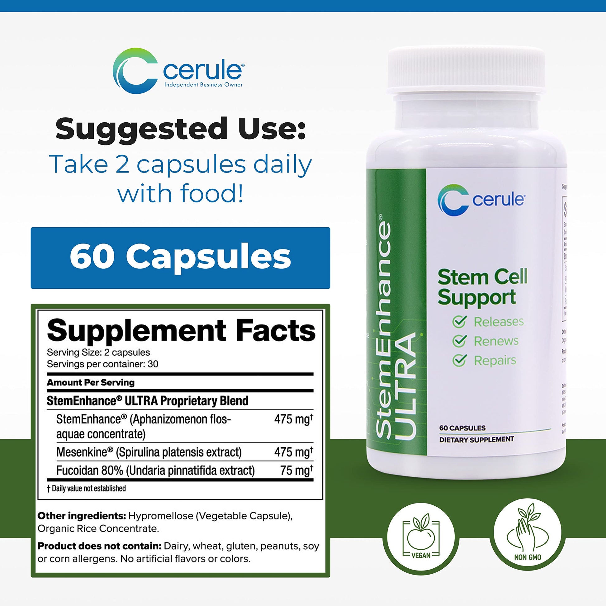 Cerule StemEnhance Ultra Natural Stem Cell Support Supplement – Freshwater Microalgae and Marine Macroalgae Extracts for Cellular Renewal, Immune Function, Energy, and Tissue Recovery – 60 Capsules CeruleBuy Supplements Australia