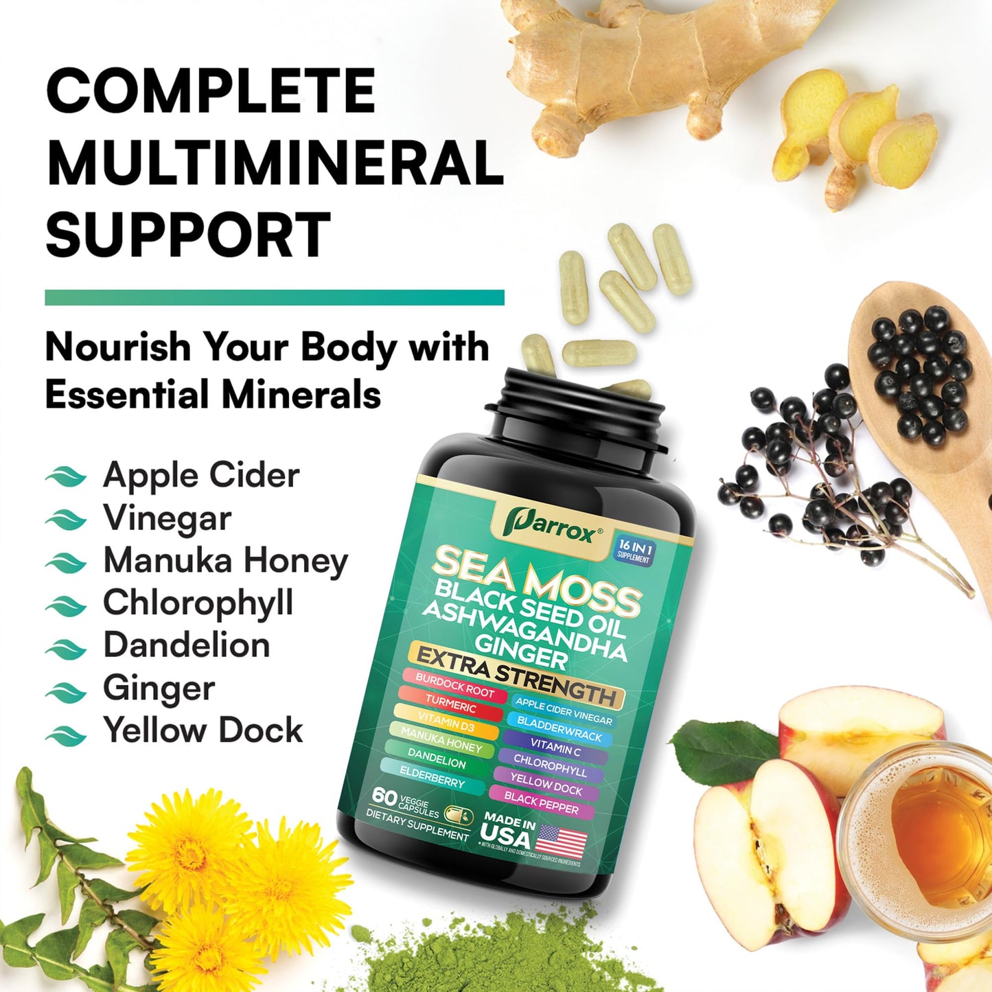 Parrox Sea Moss, Black Seed Oil, Ashwagandha, Turmeric, Chlorophyll, Dandelion, Ginger, Vitamin D3, Black Pepper, Elderberry, ACV, Yellow Dock, Burdock Root, Manuka, Vitamin C, Bladderwrack (60 Caps) ParroxBuy Supplements Australia