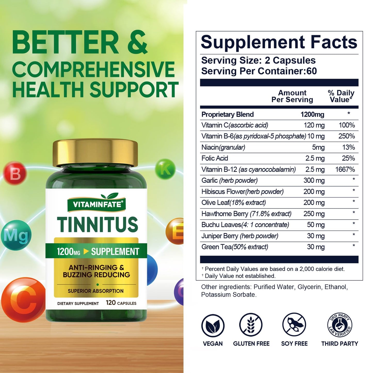 Tinnitus Relief for Ringing Ears 1200mg - 120 Capsules Advanced Ear Health Support Supplement | Supports Ear Health and Reduces Tinnitus Symptoms - Non-GMO & Vegan VITAMINFATEBuy Supplements Australia