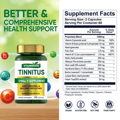 Tinnitus Relief for Ringing Ears 1200mg - 120 Capsules Advanced Ear Health Support Supplement | Supports Ear Health and Reduces Tinnitus Symptoms - Non-GMO & Vegan VITAMINFATEBuy Supplements Australia
