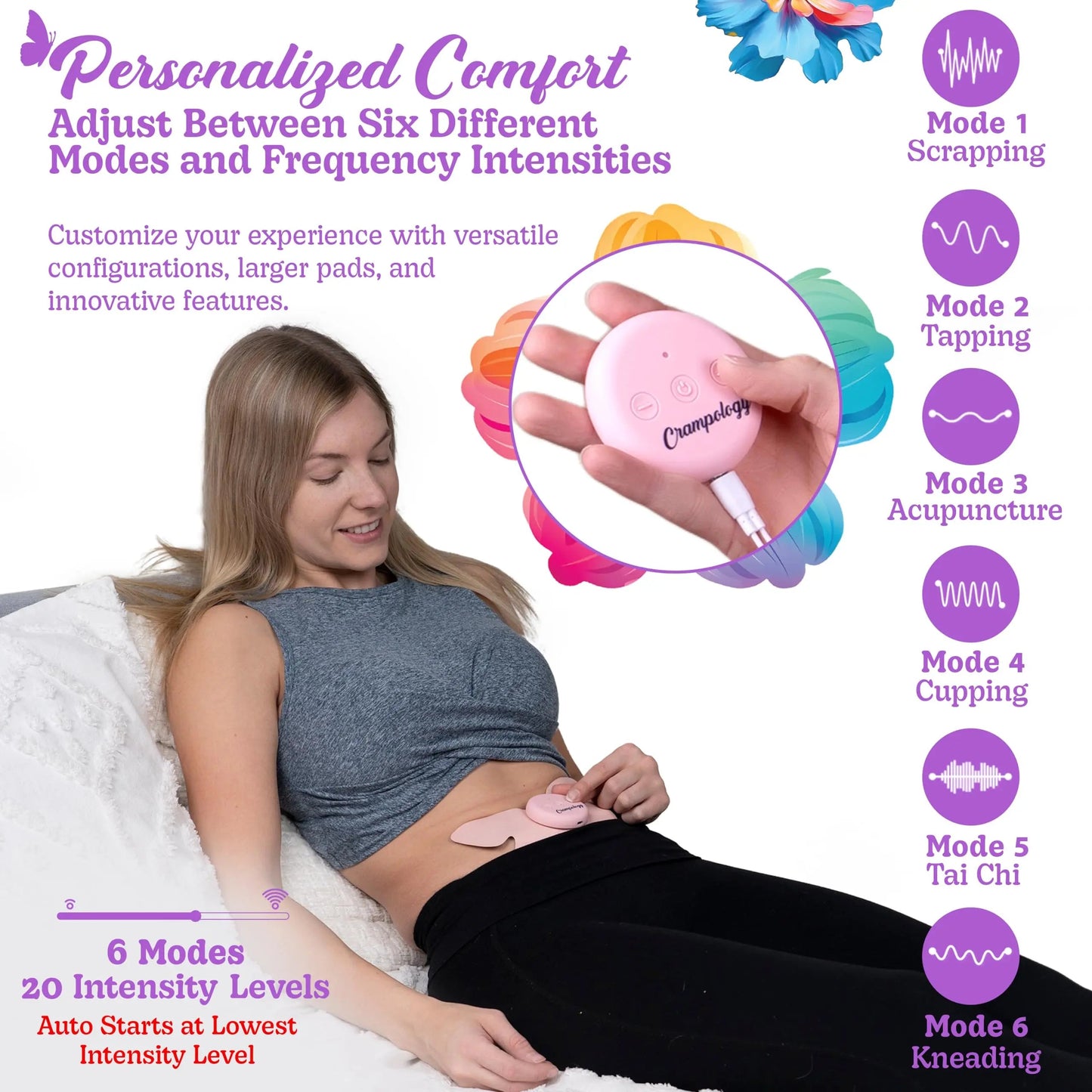 Crampology Relief Pink-Period Cramps Pain Relieving Device, Cramp Massager for Menstrual and Lower Back Ache, Reduces Endometriosis Discomfort, PMS TENS Unit, Wireless or Wired, Natural Cycle Support CrampologyBuy Supplements Australia