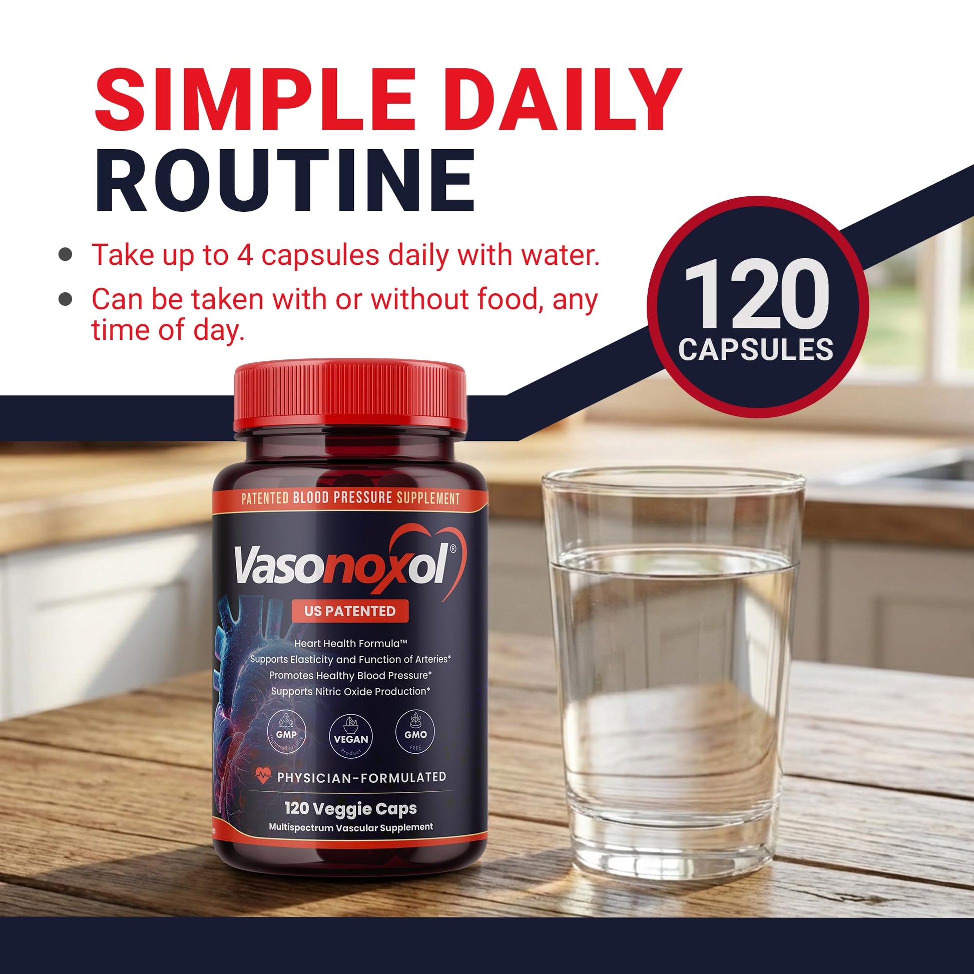 Vasonoxol U.S. Patented Nitric Oxide Supplement for Blood Pressure Support 2880mg - Physician Formulated Vascular Health Formula with L-Arginine & L-Citrulline - Vegan, Non-GMO (120 Capsules) PanoxolBuy Supplements Australia