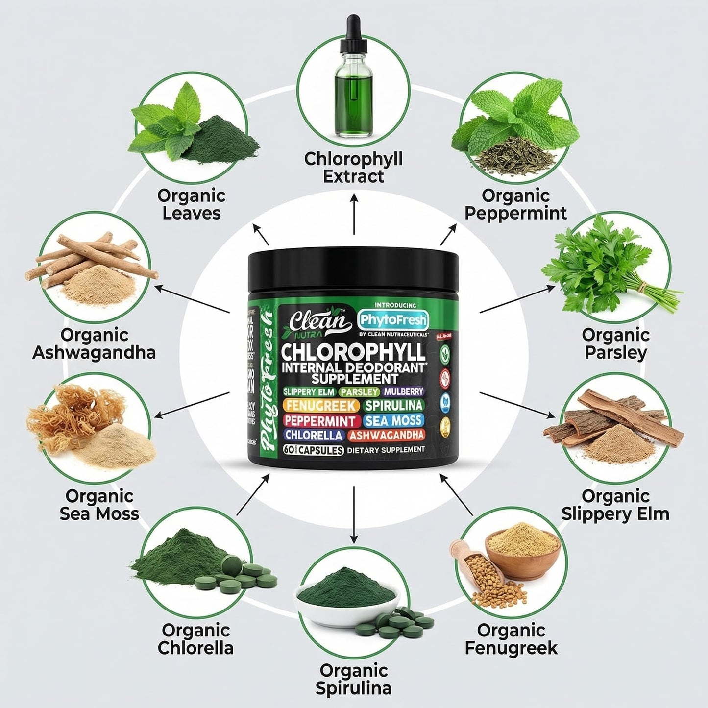 Clean Nutra Chlorophyll Capsules Supplement Internal Deodorant Peppermint, Sea Moss, Parsley, Chlorella, Spirulina, Slippery Elm, Ashwagandha, PhytoFresh Greens Detox Pills Clean NutraceuticalsBuy Supplements Australia