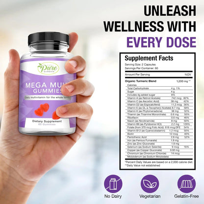 Pure By Nature Mega Multi Gummies, Multivitamin Gummies for Women & Men, Kids Multivitamin Gummies with A, D2, C, E, K, Biotin Pure By Nature