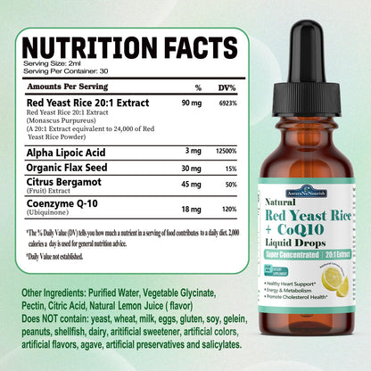 Liposomal Red Yeast Rice with Coq10 Liquid Drops, 5-in-1 Extra Strength 1200mg Cholesterol & Heart Support w. Citrus Bergamot Alpha Lipoic Acid | Cholesterol Lowering Supplement | GMO & Citrinin Free AuraraNeNourishBuy Supplements Australia