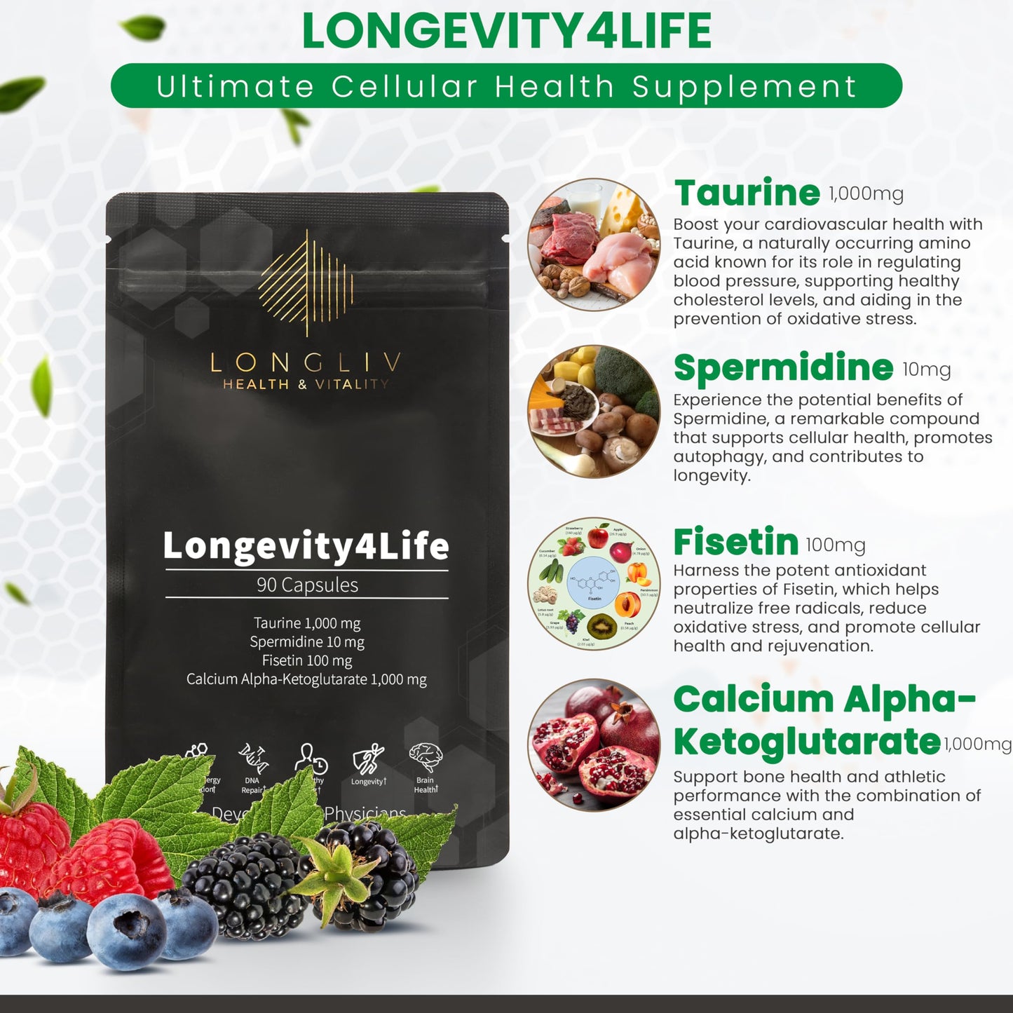 Longevity4Life - Ultimate Cellular Health Supplement - Fisetin, Taurine, Calcium Alpha-Ketoglutarate, and Spermidine Capsules for Longevity and Vitality - Made in USA - Physician Formulated LongLiv Health and VitalityBuy Supplements Australia