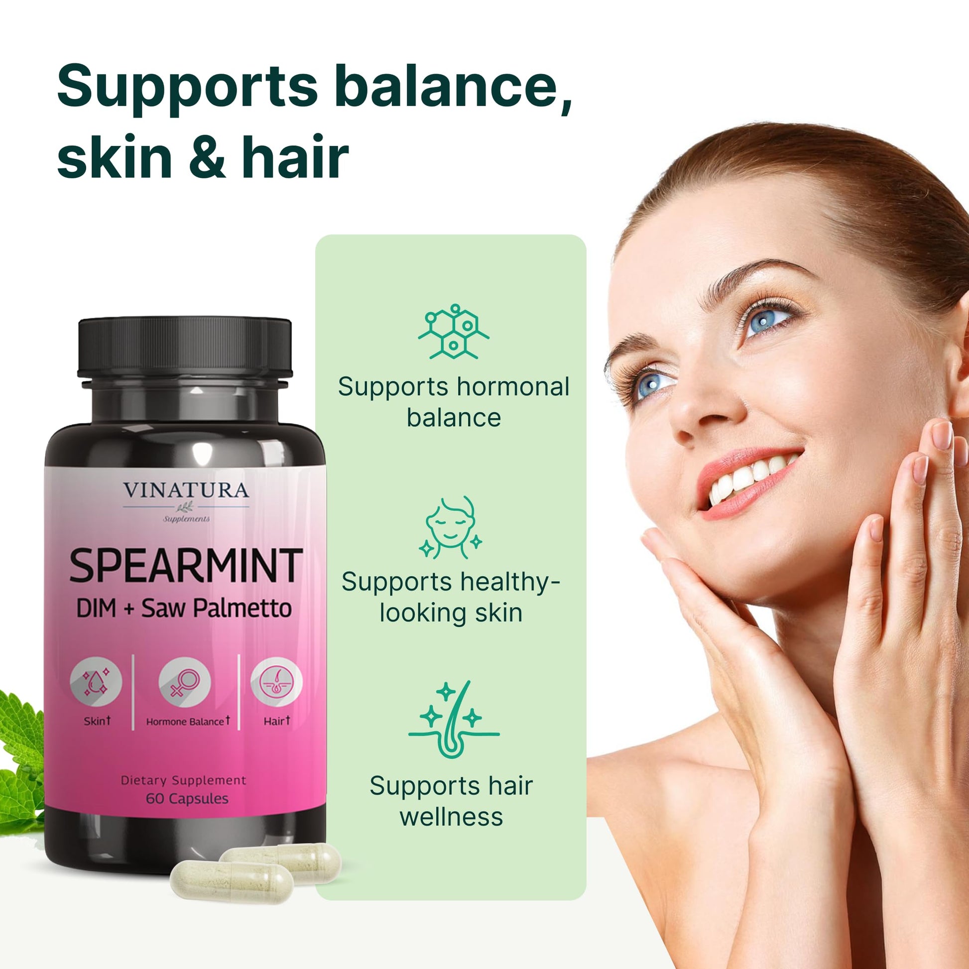 VINATURA Spearmint Leaf Capsules Supplement - Enhanced with DIM & Saw Palmetto, for Unwanted Hair, Women' Health & Skin *USA Made & Tested* - 1380mg/serving, 60 Capsules (30 Servings) VINATURABuy Supplements Australia