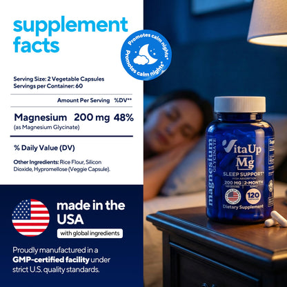 VitaUp Magnesium Glycinate 200mg - USA Made, Highly Absorbed, Non-GMO Magnesium for Relaxation, Deep Sleep, Bones & Heart -