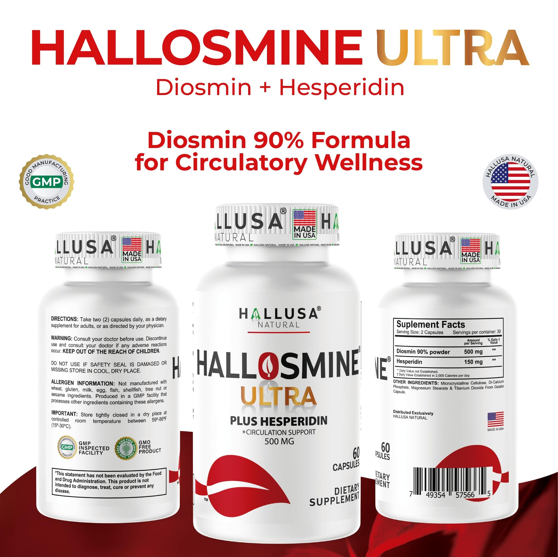Hallosmine Ultra 650mg Diosmin Hesperidin, 60 Capsules + FREE Leg Cream with Diosmin, Hesperidin & Horse Chestnut, 4 oz | Blood Circulation & Vein Support Supplement, GMO Free, Gluten Free Hallusa NaturalBuy Supplements Australia