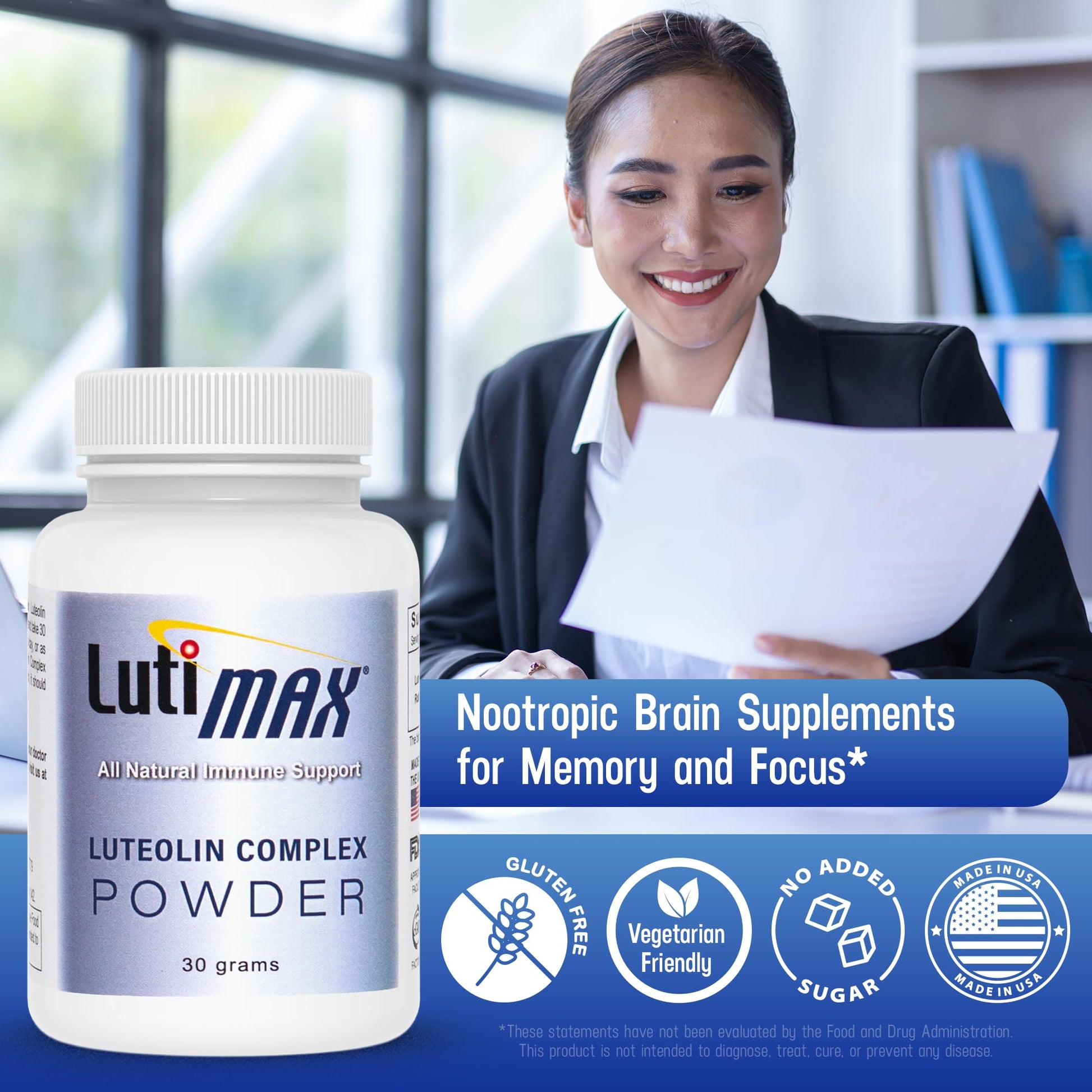 Lutimax Luteolin Complex Powder Brain Supplement with Rutin - Nootropic Brain Supplements for Memory and Focus to Improve Brain Health - Antioxidant Supplement for Immune Support - 100 Servings Solo LutiBuy Supplements Australia
