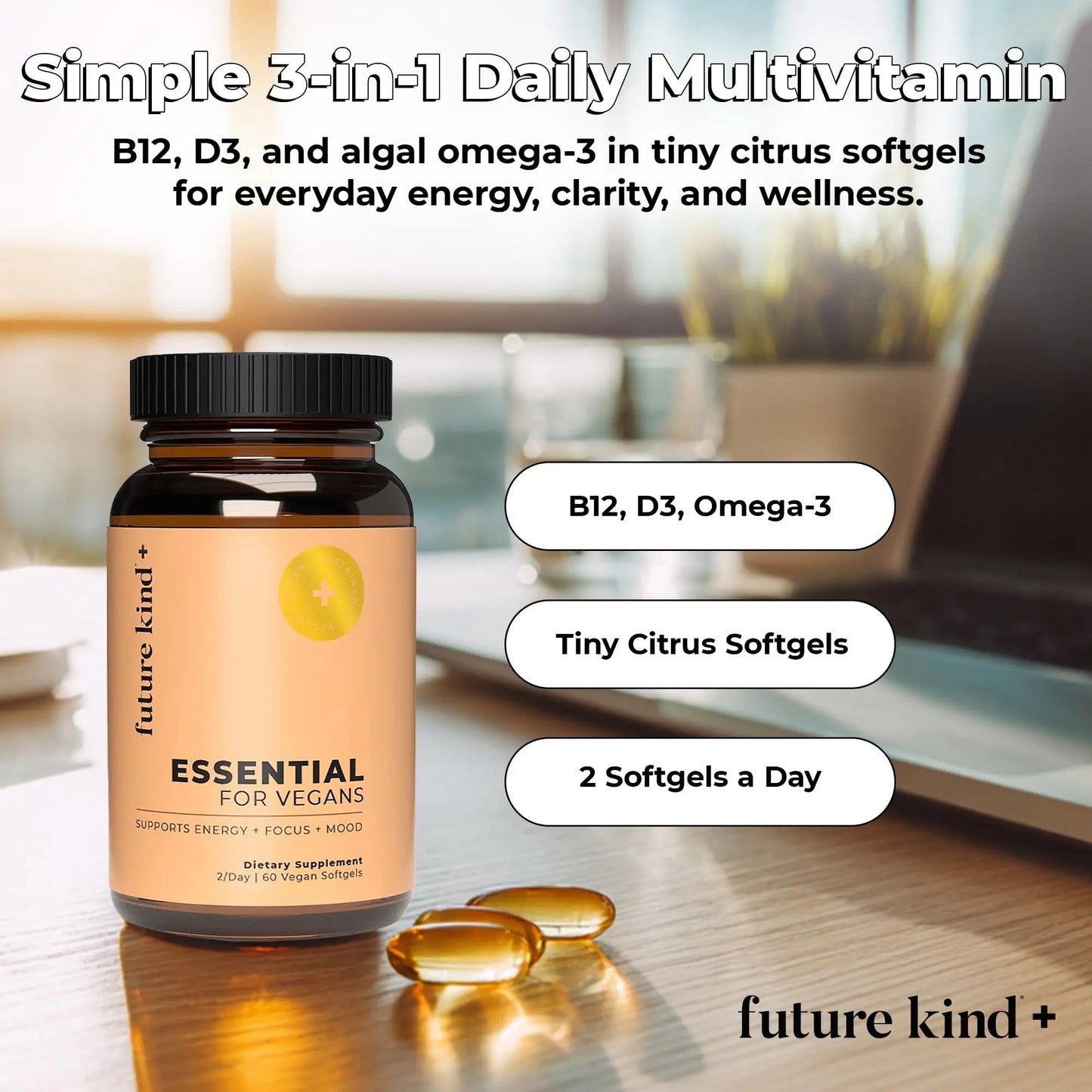 Future Kind 3 in 1 Daily Multivitamin - for Energy, Clarity, Active Wellness Support with B12, D3, and Algal Omega-3 - Essential Vegan Multivitamin for Women & Men Future KindBuy Supplements Australia
