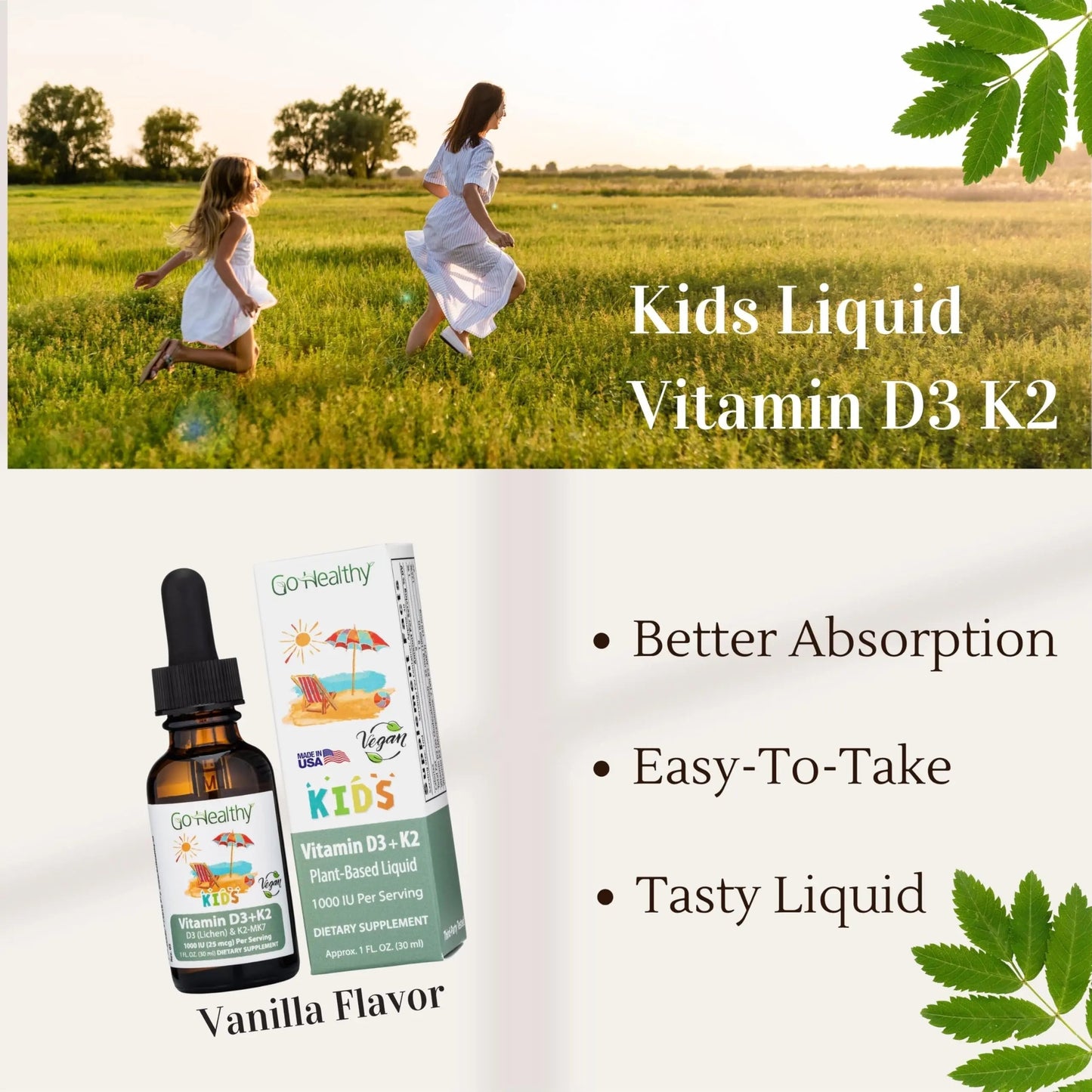 Go Healthy Kids Vitamins D3 K2 (MK-7), Child Vitamin D, Liquid Vegan D3 K2 Drops for Kids Go Healthy Natural