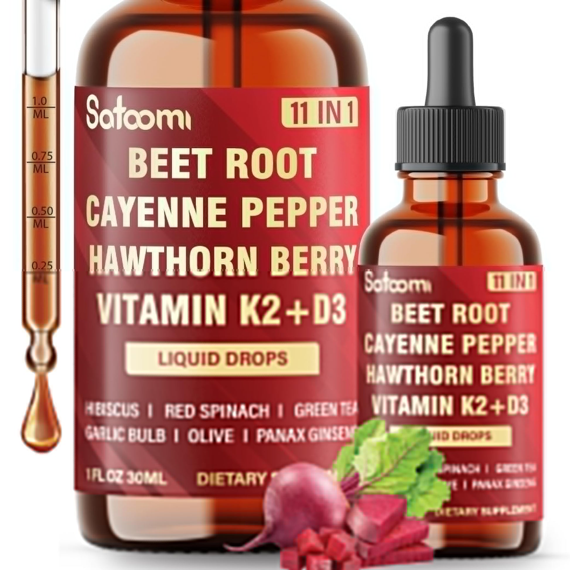 11in1 Beet Root Liquid Drops Supplement with Formula with D3, K2, Hawthorn, Red Spinach, Garlic & Green Tea and More - Supports Immune & Vitality - 1 FL Oz - for 60 Days SatoomiBuy Supplements Australia