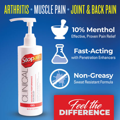 Stopain Clinical Pain Relief Gel 16 oz - Professional Formula for Arthritis, Knee, Back & Muscle Pain - Maximum Strength Gel for Joint & Nerve Pains with 10% Menthol Plus Glucosamine - Made in USA StopainBuy Supplements Australia