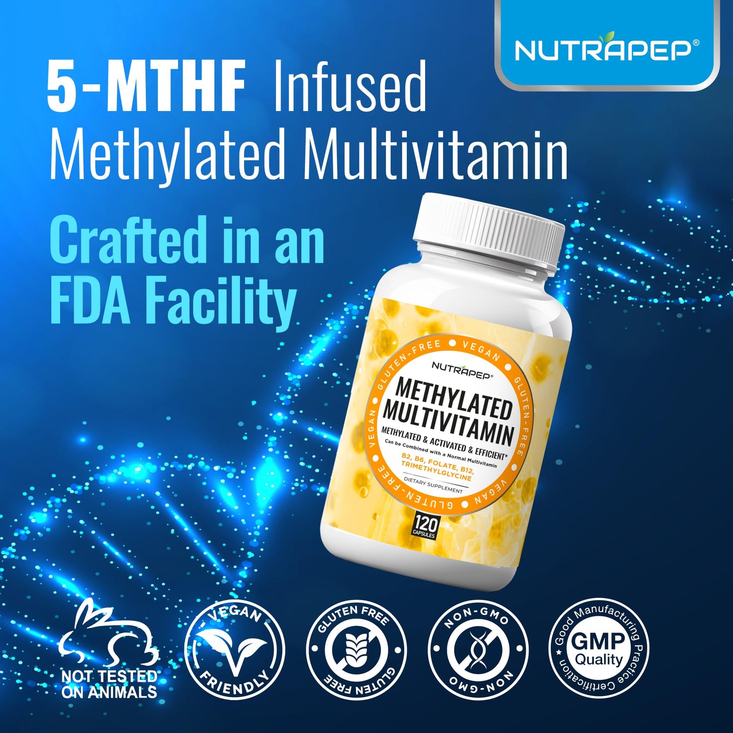 NutraPep Methylated Multivitamin for Men Women - 5-MTHF Riboflavin Vitamin B2 B6 B12 B Complex Trimethylglycine Methyl Folate L Methylfolate Capsules Supplement NutraPepBuy Supplements Australia