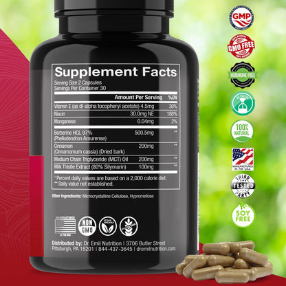 Dr. Emil Berberine 500mg Capsules - Berberine Supplement with Cinnamon, MTC Oil & Milk DR EMIL NUTRITIONBuy Supplements Australia