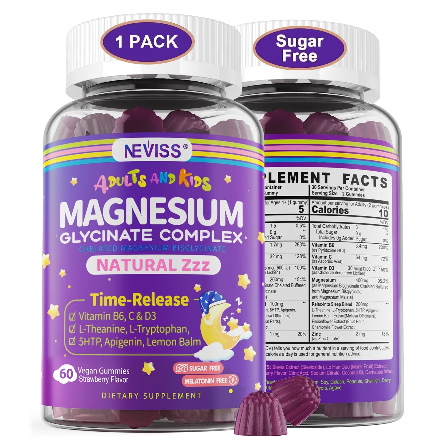 Magnesium Glycinate Gummies for Adults & Kids 4+, Sugar Free Magnesium Bisglycinate Supplement 400/200mg with B6D3, 5HTP, L-Theanine for Sleep & Relaxation