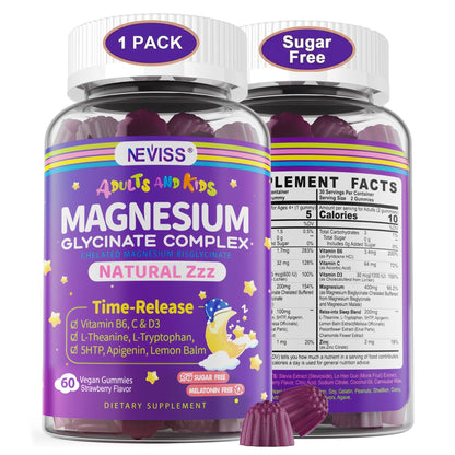Magnesium Glycinate Gummies for Adults & Kids 4+, Sugar Free Magnesium Bisglycinate Supplement 400/200mg with B6D3, 5HTP, L-Theanine for Sleep & Relaxation