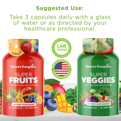 Fruits and Veggies Supplement - Nature Fruits and Vegetables Supplements - Vegan, Non GMO, Soy Free, Superfood Vitamins & Minerals Nutritional Balance - (Total 180 Capsules - Pack of 2) Made in USA Nature's EvergreenBuy Supplements Australia