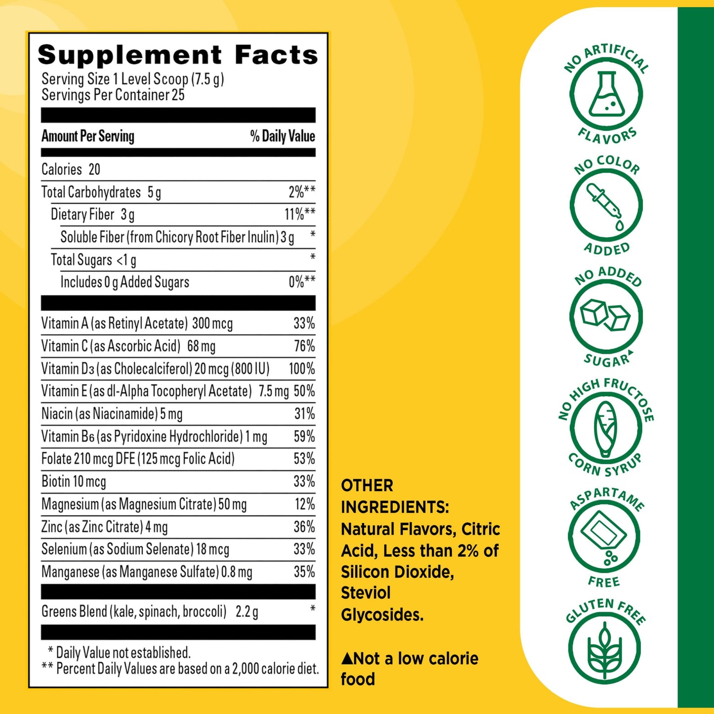 Nature Made Super Greens Powder with Prebiotic Fiber Drink Mix, Made with 1 Cup Veggies Per Serving, Fiber Supplement + Vitamins and Minerals, 25 Day Supply