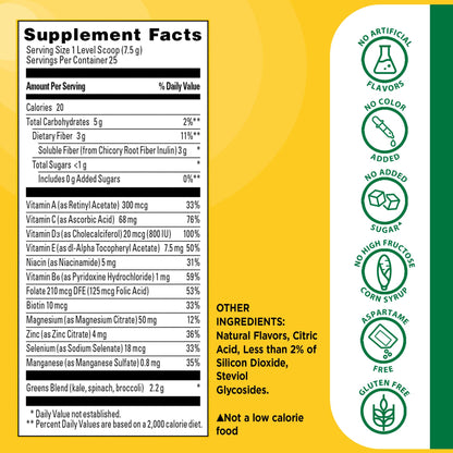 Nature Made Super Greens Powder with Prebiotic Fiber Drink Mix, Made with 1 Cup Veggies Per Serving, Fiber Supplement + Vitamins and Minerals, 25 Day Supply
