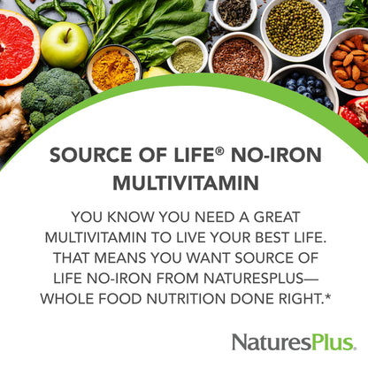 NaturesPlus Source of Life No Iron - 90 Tablets - Multivitamin & Mineral Supplement with Vitamin D3 - Supports Natural Energy & Well-Being - Gluten Free, Vegetarian - 30 Servings NaturesPlusBuy Supplements Australia