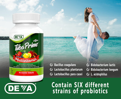 DEVA Tuba Prime Vegan Multivitamin - High-Potency Vitamin and Mineral Dietary Supplement - Antioxidants, Fruit and Vegetable Blend, Super Mushrooms, Probiotics, Prebiotics, Seeds, Herbs - 90 Tablets DEVABuy Supplements Australia