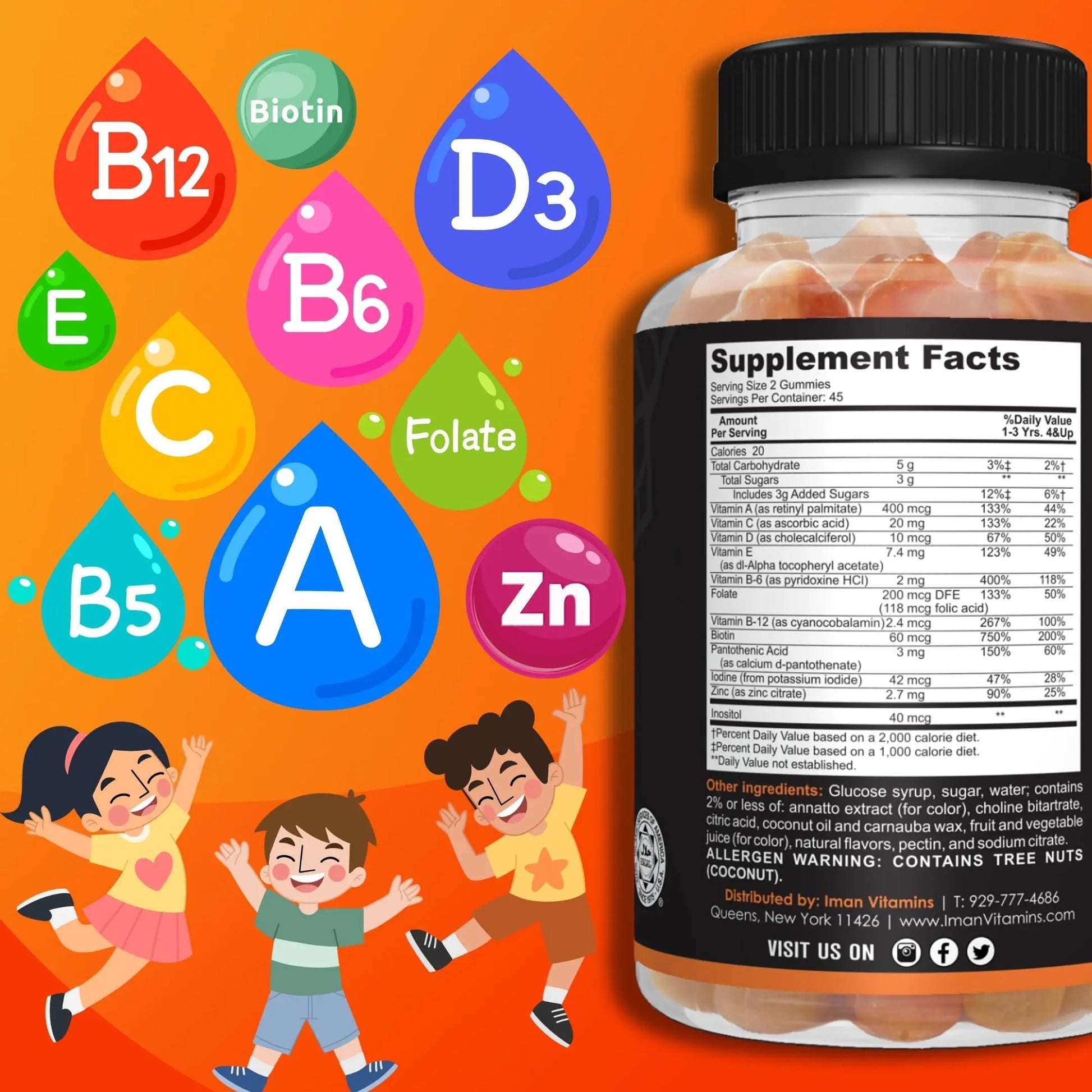 Iman Vitamins Halal Kids Multivitamin Gummies | Vitamin C, D, Zinc, A, E, B6, B12, Biotin, Folate, Inositol | Strengthen Metabolism, Bones & Immunity | Iman Vitamins