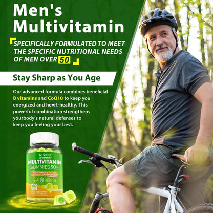 Multivitamin for Men 50 + Plus, Sugar Free Men Multivitamins Gummies w/Omega-3, Coq10, D3k2, Calcium, Magnesium NEVISSBuy Supplements Australia