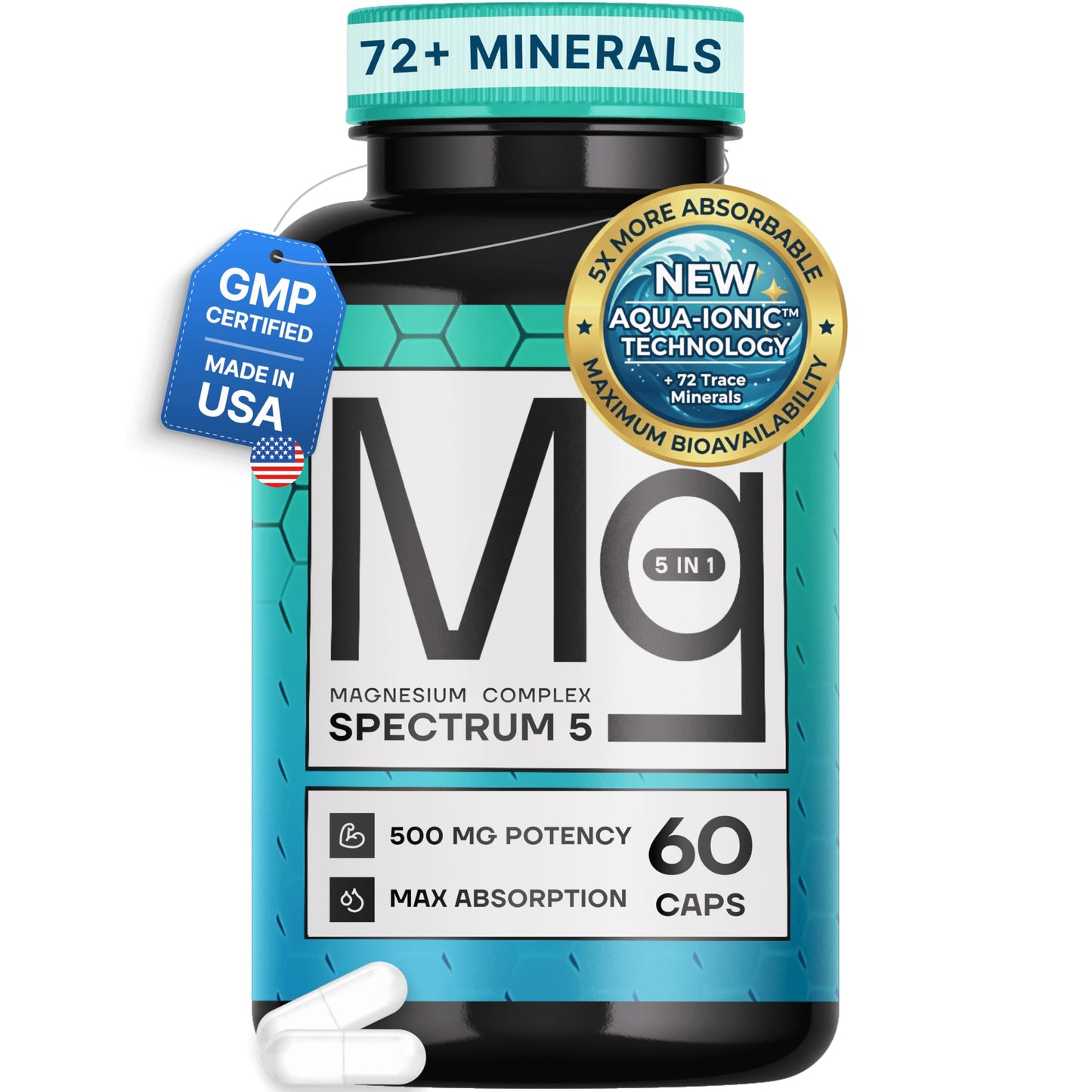 Spectrum 5 Magnesium Complex for Women & Men | Patented Aqua-Ionic® 5X Absorption Technology | 500mg Glycinate, Citrate, Malate + 72 Trace Minerals | Deep Sleep, Leg Cramp Relief & Calm | Non-Laxative SonoHealthBuy Supplements Australia