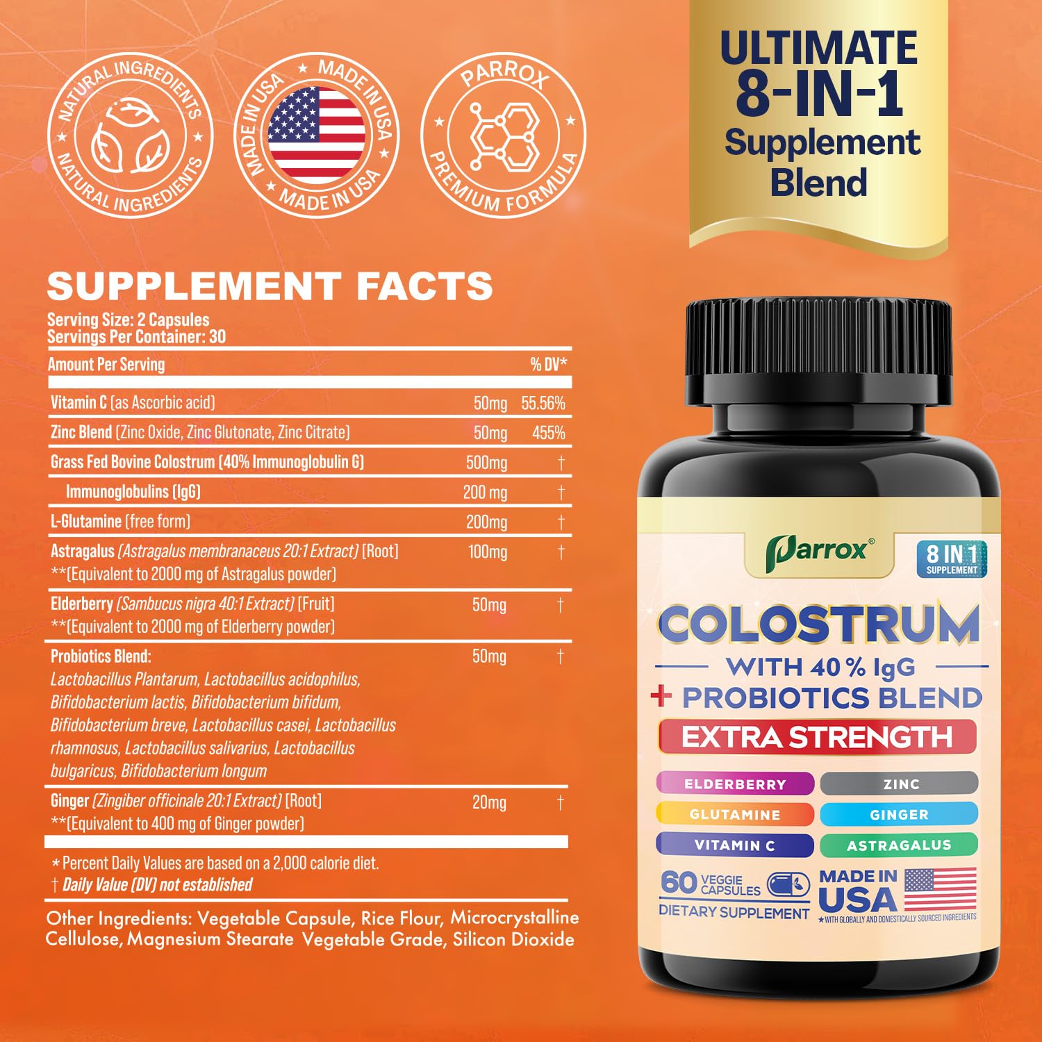 Parrox Colostrum Supplement Capsules, Grass Fed Cow Colostrum with 40% IgG, Probiotics Blend, Elderberry, Astragalus, Zinc, Ginger, Vitamin C, L-Glutamine, 8 in 1 Extra Strength Bovine Boost (60 Caps) ParroxBuy Supplements Australia