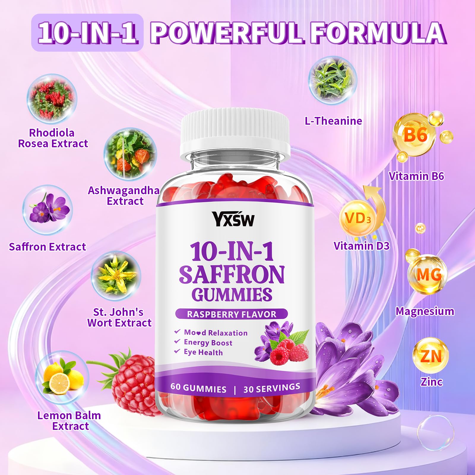 YXSW Saffron Gummies, Saffron Supplements for Kids & Adults with Ashwagandha, L-Theanine, Lemon Balm, Vitamin D3, B6, Magnesium & Zinc - Support Focus, Relaxation, Raspberry Flavor, 120 Count YXSWBuy Supplements Australia