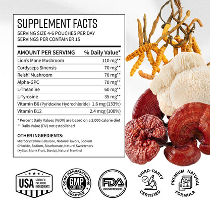 Adaptogen Mushroom Nootropic Pouches (4 Pack Bundle) - 250mg Mushroom Blend + 165mg Energy Blend, Nicotine Free & Caffeine Free, Ultra Pouch with Lion's Mane, Cordyceps, Reishi, Alpha-GPC, L-Theanine GGGJBuy Supplements Australia