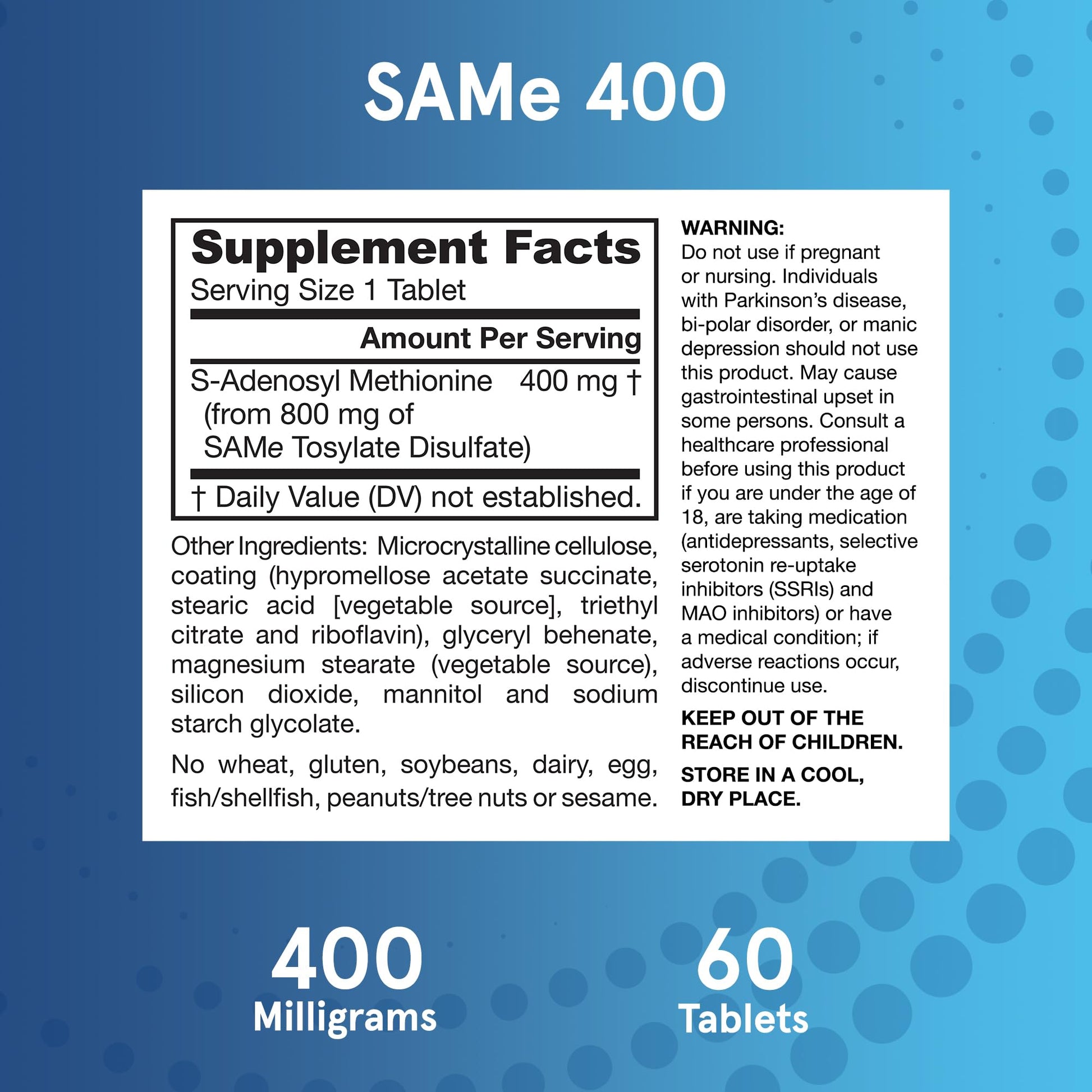 Jarrow Formulas SAMe Supplement 400 mg - 60 Tablets - High Concentration of Active S,S Form - Supports Joint Health, Liver Function, Brain Metabolism, Balanced Mood & Antioxidant Defense - 60 Servings Jarrow FormulasBuy Supplements Australia