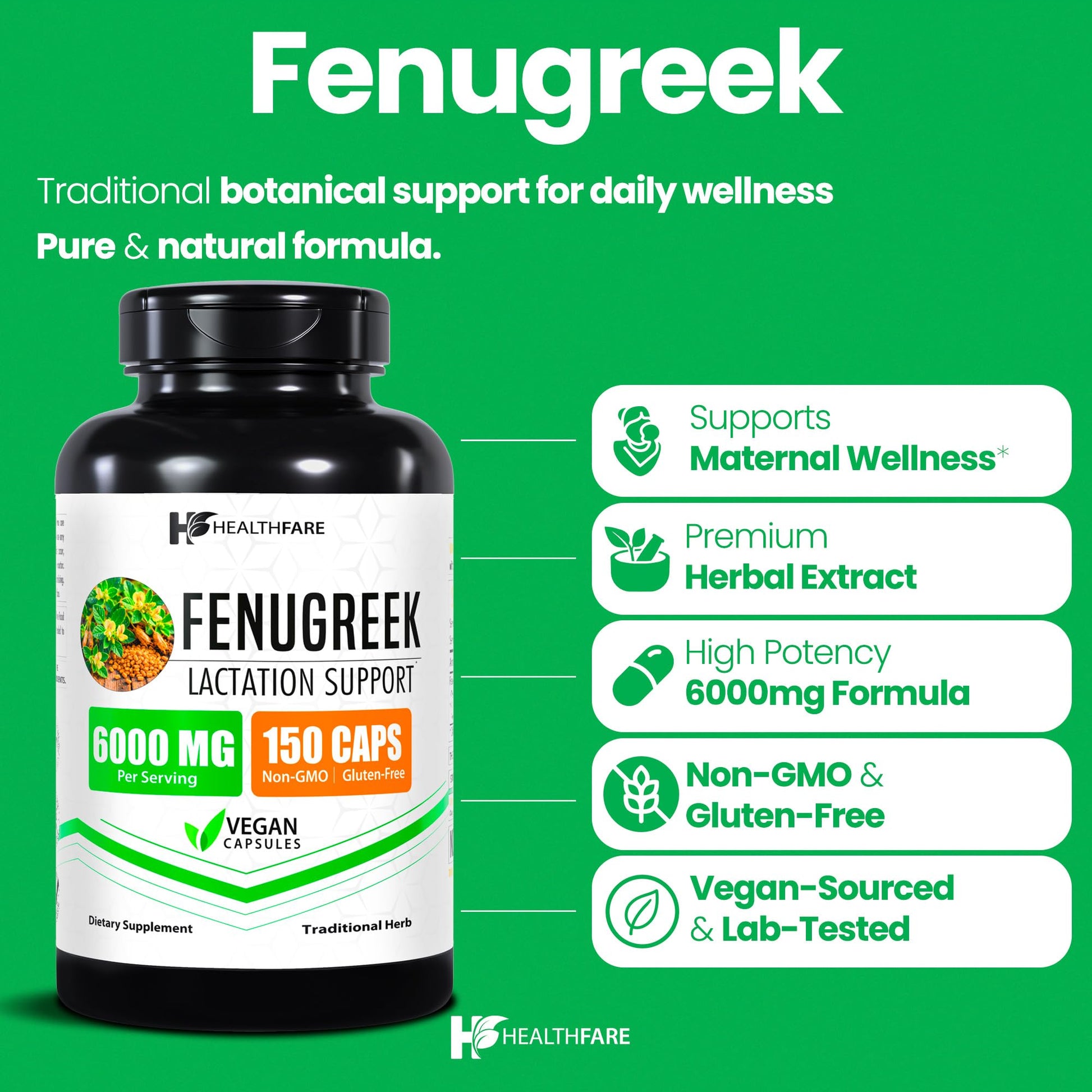 Healthfare Fenugreek Seed Extract 6000mg | 150 Vegan Capsules | Concentrated Herbal Supplement | Non-GMO, Gluten-Free | Made in USA HealthfareBuy Supplements Australia
