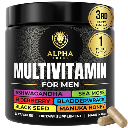 Alpha Tribe Multivitamin for Men with Seamoss Black Seed Oil Ashwagandha Burdock Root, Turmeric Bladderwrack, Vitamin C, Elderberry, Manuka, Yellow Dock | Daily Men's Vitamins and Minerals Supplement Alpha TribeBuy Supplements Australia