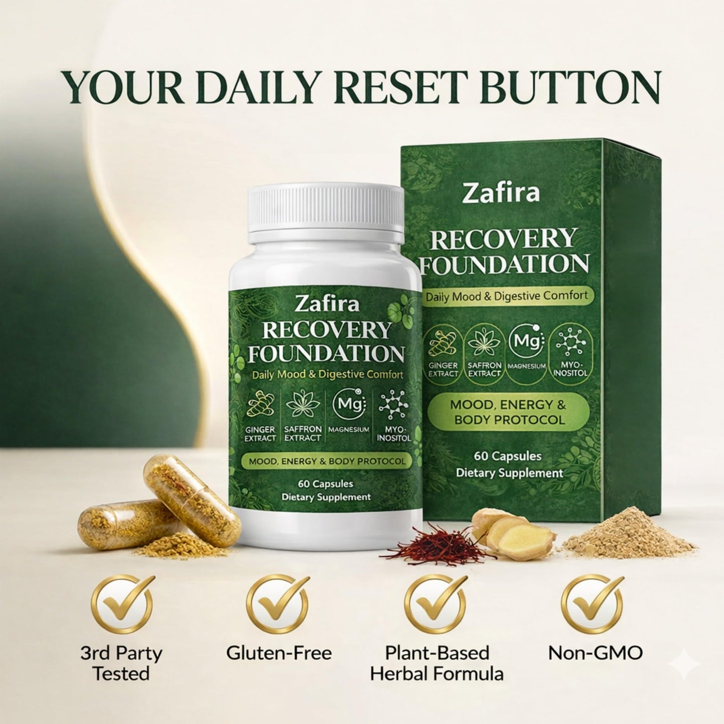DYDUON Zafira Recovery Foundation Capsules – Mental Clarity, Hair & Mood Support, Natural Herbal Formula with Saffron Extract, Ginger Extract, L-Theanine, Myo-Inositol, Non-GMO, 60 Capsules DYDUONBuy Supplements Australia