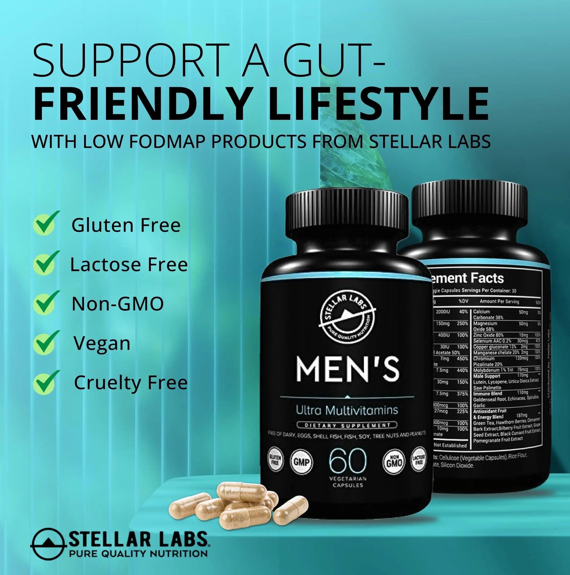 Stellar Labs Men's Low FODMAP Vegan Daily Multivitamin, No Iron | Easy On Sensitive Stomachs, Easy to Swallow Vitamins | Stellar LabsBuy Supplements Australia