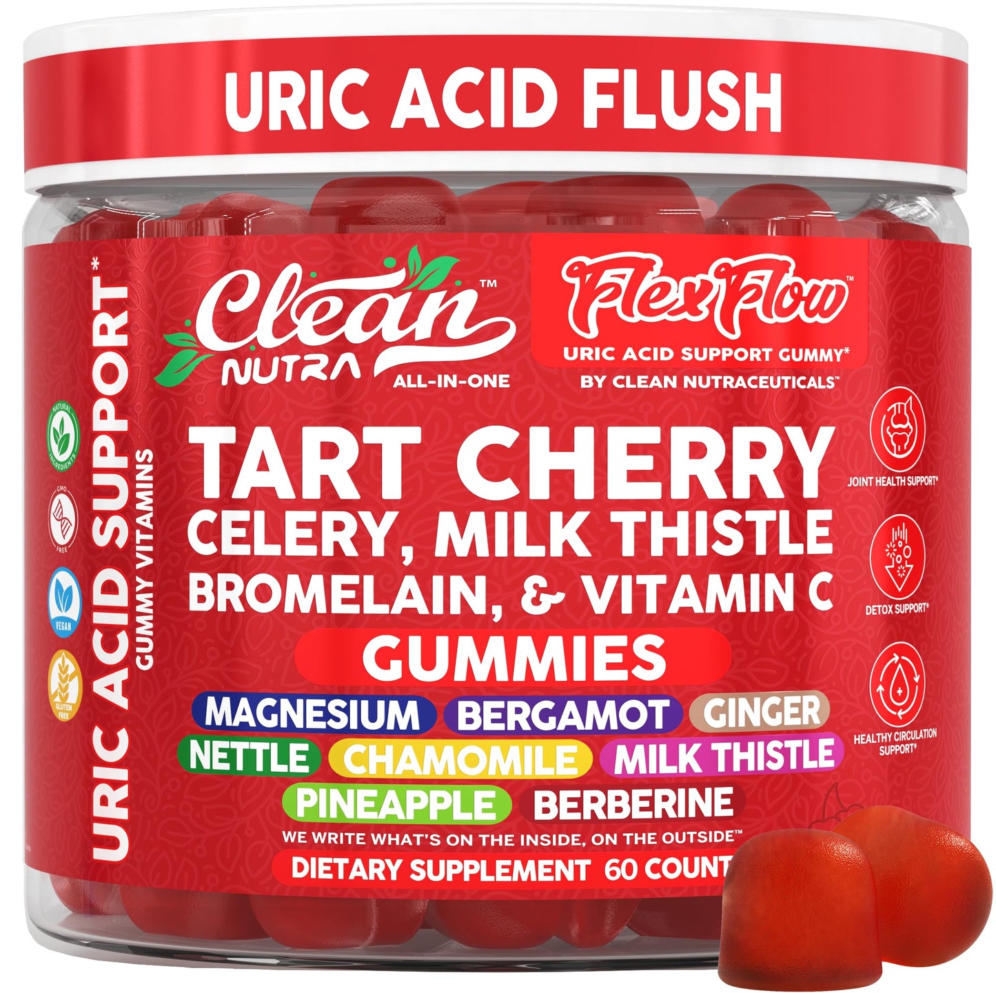 Clean Nutra Tart Cherry Gummies Uric Acid Flush Celery Milk Thistle Bromelain Vitamin C Magnesium Citrus Bergamot Ginger Stinging Nettle Leaf Chamomile Berberine Quercetin Support 60 Gummy Vitamins Clean NutraceuticalsBuy Supplements Australia