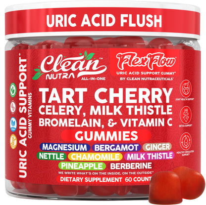 Clean Nutra Tart Cherry Gummies Uric Acid Flush Celery Milk Thistle Bromelain Vitamin C Magnesium Citrus Bergamot Ginger Stinging Nettle Leaf Chamomile Berberine Quercetin Support 60 Gummy Vitamins Clean NutraceuticalsBuy Supplements Australia