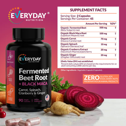 EVERYDAY NUTRITION Organic Fermented Beet Root & Black Maca Capsules with Carrot, Spinach, Cranberry & Ginger | Superfood for Energy, Stamina & Wellness | 90 Veggie Capsules | Made in USA EVERYDAY NUTRITIONBuy Supplements Australia