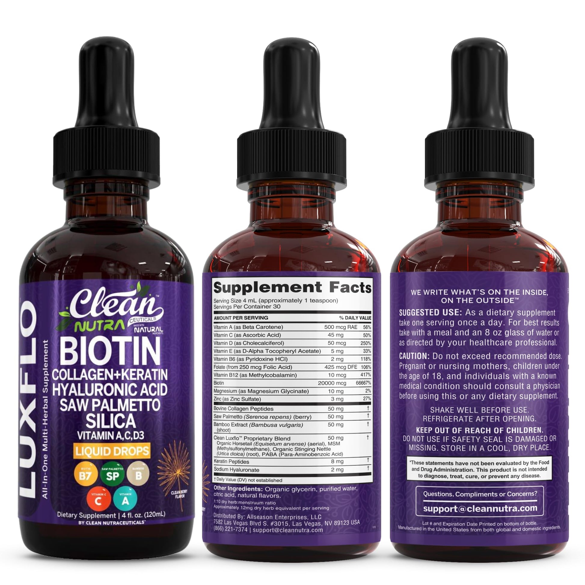 Liquid Biotin & Collagen Keratin Hyaluronic Acid Saw Palmetto Drops Vitamins for Hair Growth Support Silica Vitamin A C D Bamboo Turmeric Zinc Folate Magnesium Horsetail LuxFlo By Clean Nutra Clean NutraceuticalsBuy Supplements Australia