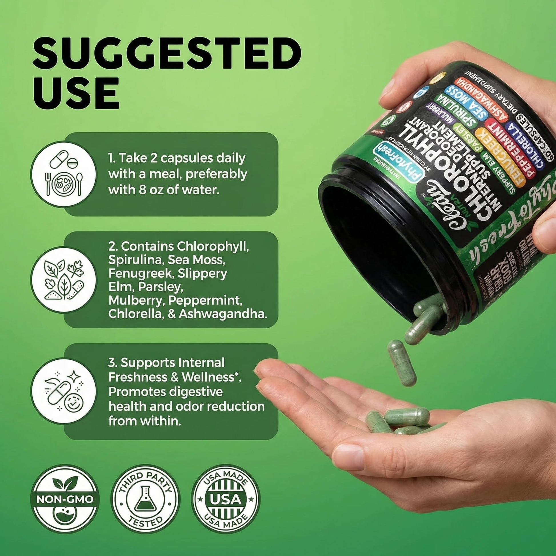 Clean Nutra Chlorophyll Capsules Supplement Internal Deodorant Peppermint, Sea Moss, Parsley, Chlorella, Spirulina, Slippery Elm, Ashwagandha, PhytoFresh Greens Detox Pills Clean NutraceuticalsBuy Supplements Australia