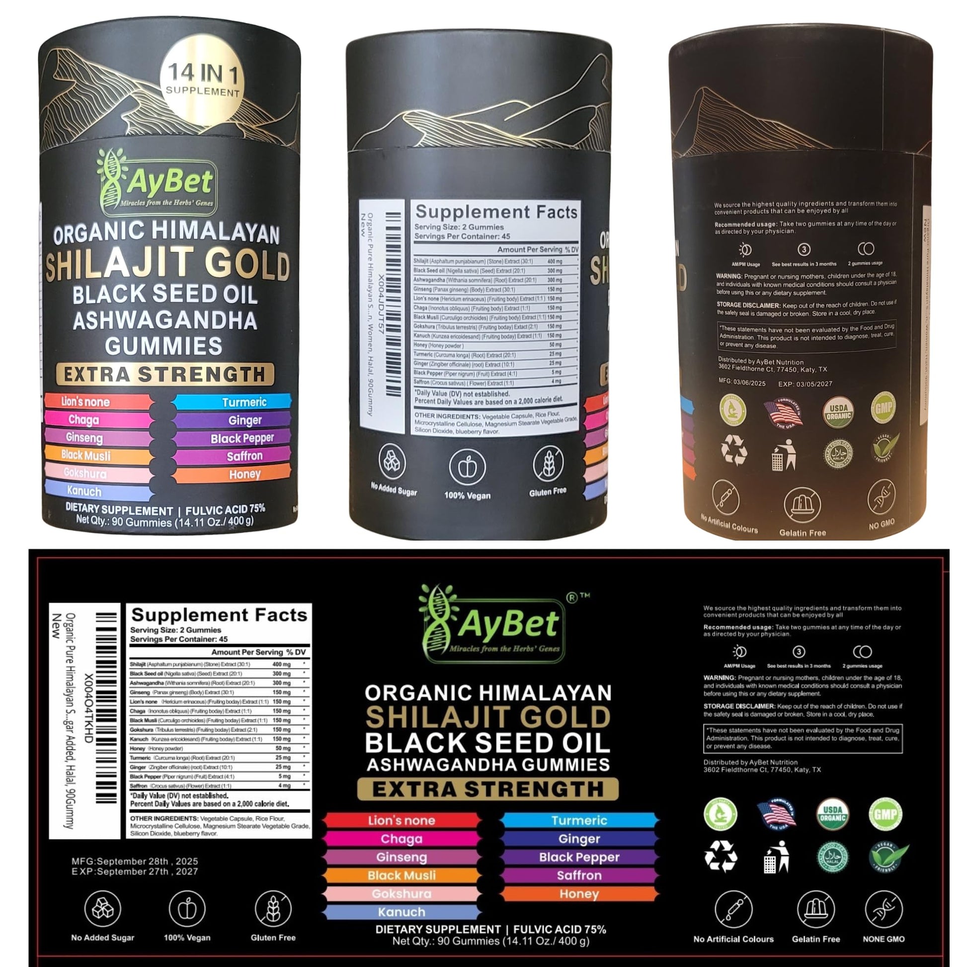 AyBet Organic Himalayan Shilajit Gold Gummies for Men and Women, Black Seed Oil, Ashwagandha, Ginseng, Turmeric, Gokshura, Lion's None, Lab Tested,%75 Fulvic Acid, No Sugar Added, Halal, 90Gummy AyBetBuy Supplements Australia
