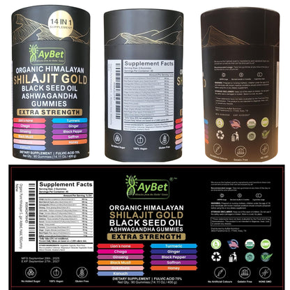 AyBet Organic Himalayan Shilajit Gold Gummies for Men and Women, Black Seed Oil, Ashwagandha, Ginseng, Turmeric, Gokshura, Lion's None, Lab Tested,%75 Fulvic Acid, No Sugar Added, Halal, 90Gummy AyBetBuy Supplements Australia